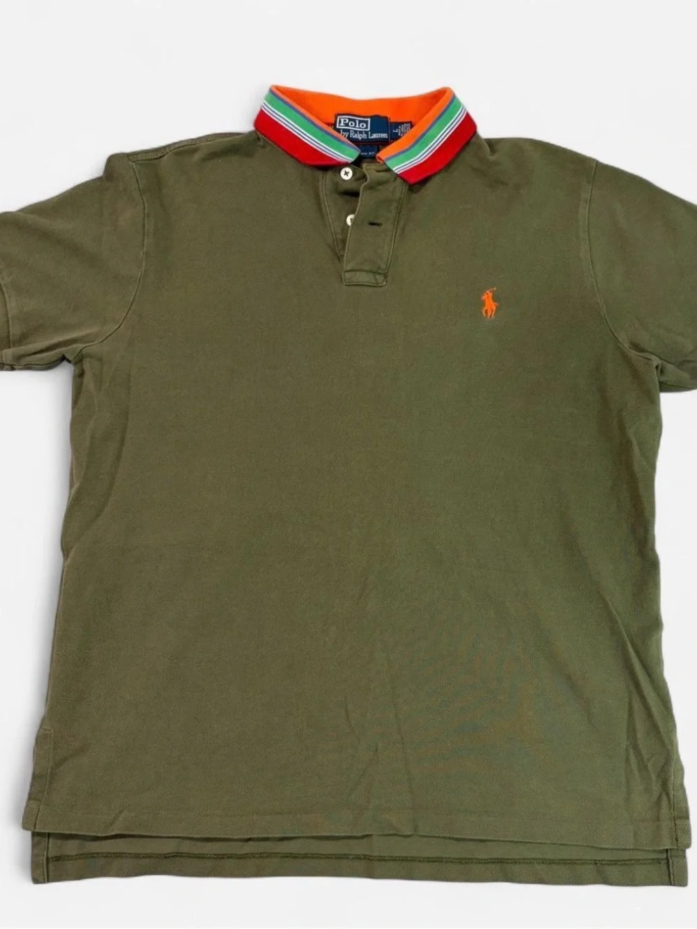 Polo by Ralph Lauren Olive Polo with Orange & Multicolor Stripe Collar